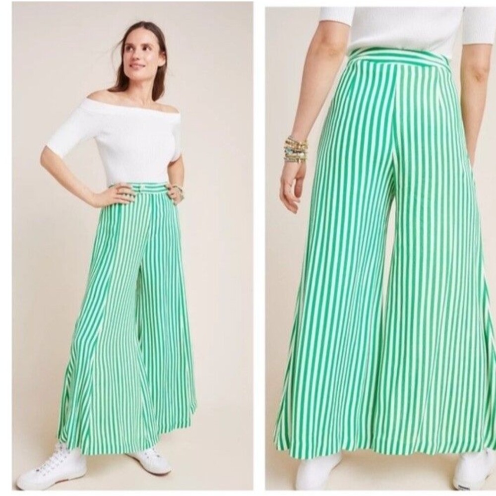 Anthropology Mackenzie Green/white Stripe Extra Wide Leg Trouser Size Us 8 Boho